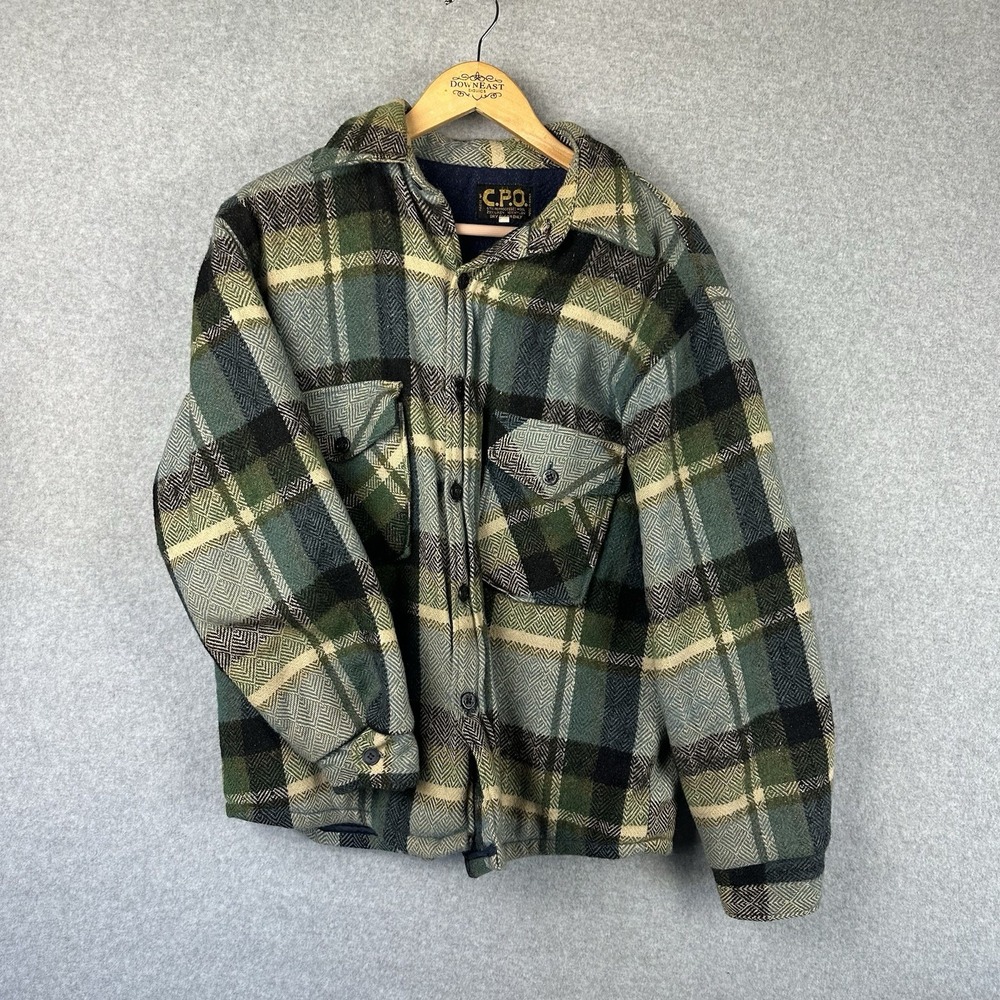 Vtg 60s Wool Flannel CPO Shirt Jacket Mens‎ Medium Green Yellow Gray Plaid